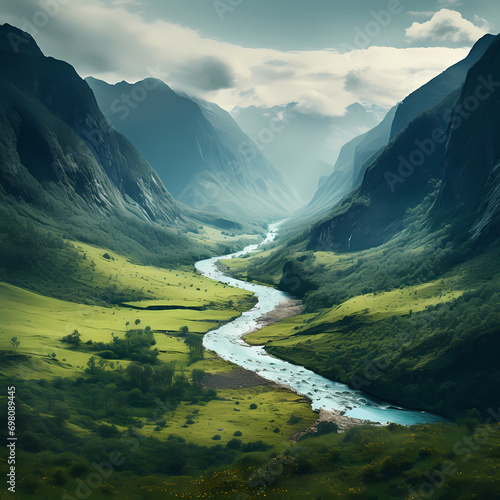 Tranquil river winding through a lush valley surrounded by mountains.