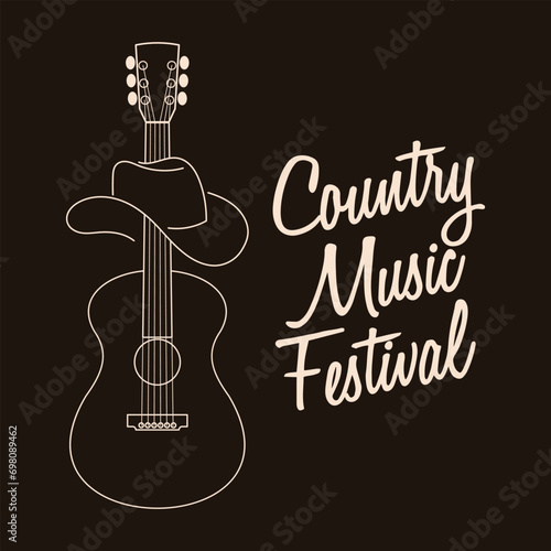 Country music festival lettering and silhouette of acoustic guitar and cowboy hat. Music poster, black and white illustration, vector