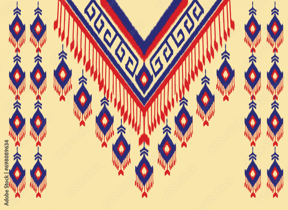 Fototapeta premium Floral Neckline Pattern blue on cream Traditional oriental geometric pattern on cream background, abstract Aztec style vector illustration design for fashion woman wearing decorative clothing.