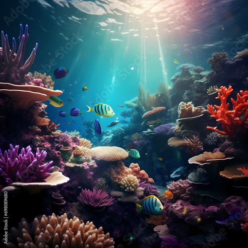 Underwater scene with diverse marine life and vibrant coral reefs.