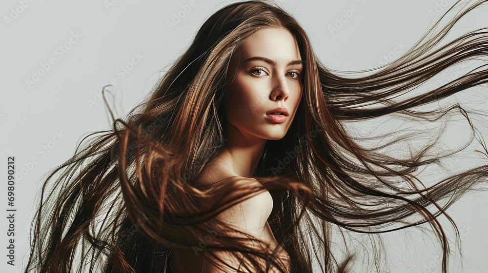 Beautiful model woman with long brown hair blowing in the wind on a ...