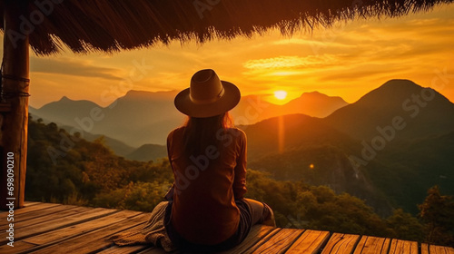 Woman sitting on the terrace of a hut in the mountain at sunset .