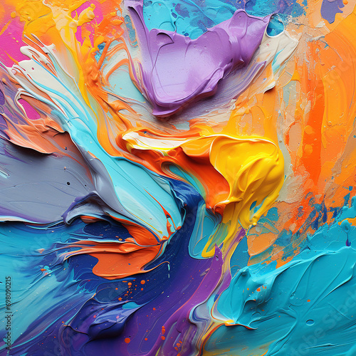 Abstract background of acrylic paints in blue, orange, yellow and purple colors photo