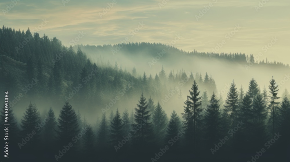 Foggy landscape with a dense spruce forest. Nostalgic and atmospheric scene
