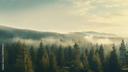Foggy landscape with a dense spruce forest. Nostalgic and atmospheric scene © ColdFire