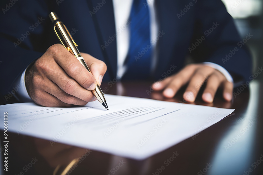 Male hand writes with pen on paper sheet in office. Man signs a paper document. Signing agreement Male hand writes with pen on paper sheet in office. Man signs a paper document. Signing agreement