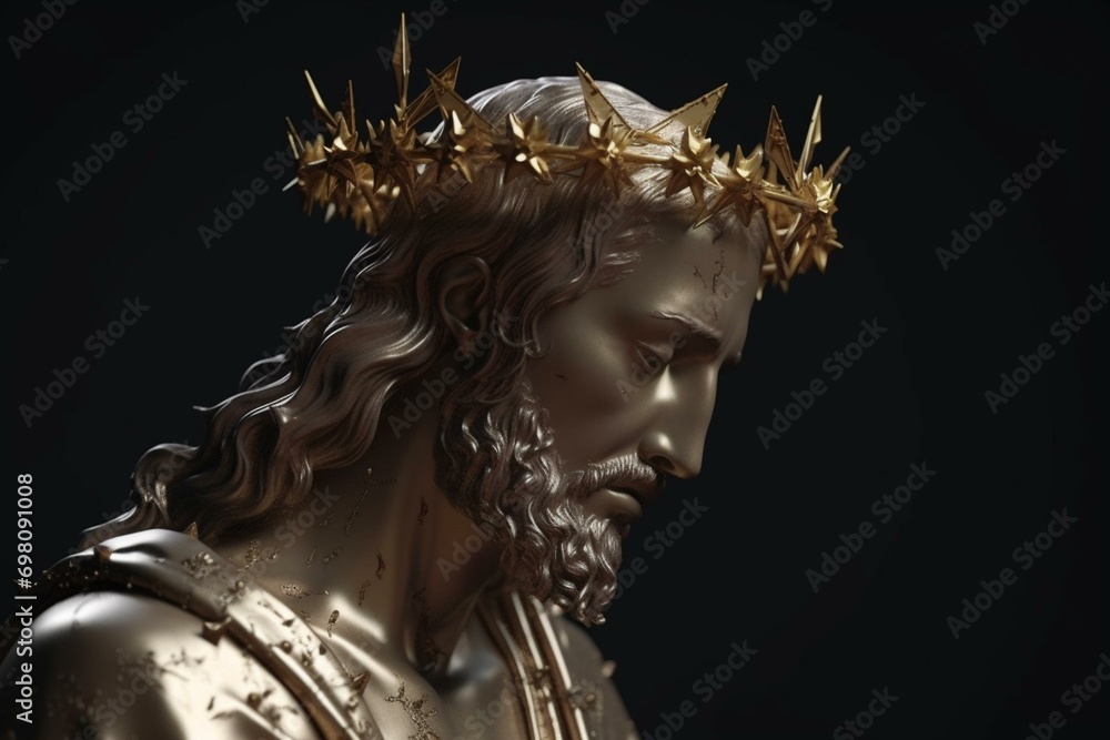 Jesus Christ Statue with Gold Crown of Thorns 3D Rendering Side Angle Empty Space. Generative AI