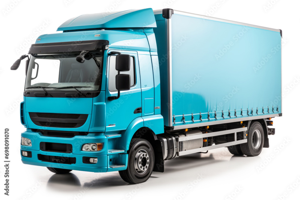 Blue cargo truck isolated on white background. Delivery car for distribution and logistics. Commercial freight transportation