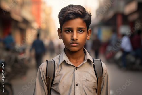 Portrait of tamil boy at busy indian or pakistan city street. Pakistani teenager looks at camera