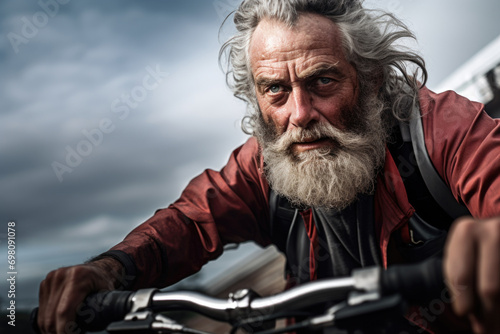 Portrait of senior man riding bike. Stylish, confident older man with a beard © Lazy_Bear