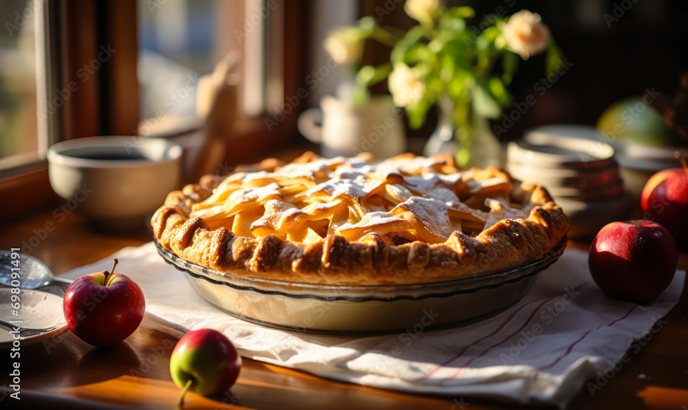 Freshly baked apple pie on kitchen counter with warm sunlight, surrounded by fresh apples and dishes, invoking cozy, home-cooked meal atmosphere Freshly baked apple pie on kitchen counter with warm sunlight, surrounded by fresh apples and dishes, invoking cozy, home-cooked meal atmosphere