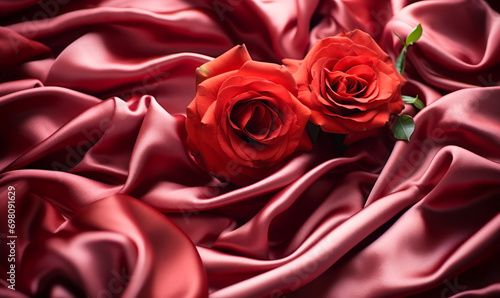 Elegant crimson satin fabric with delicate roses creating a romantic and sensuous mood, ideal for luxurious fashion or decor themes