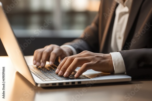 Close-up photo of businessman typing on laptop.