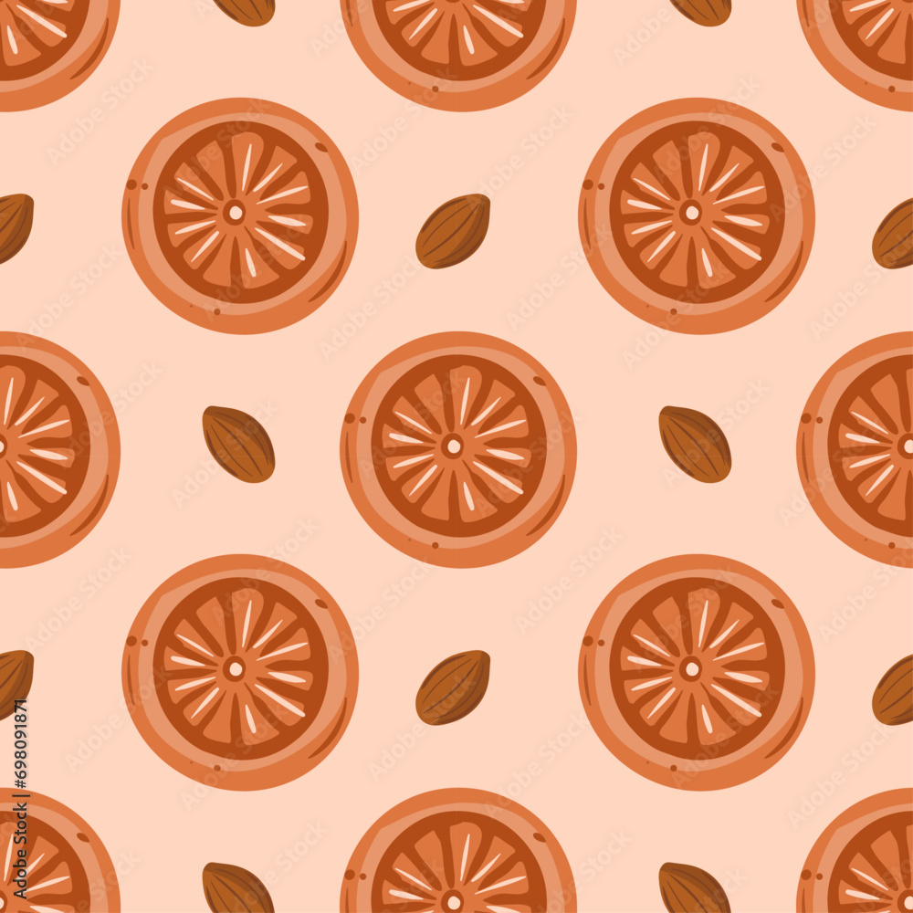 Seamless pattern with almonds and orange cookies on a peach background. Pastel colors