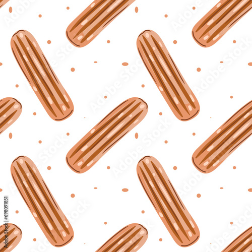 Abstract pattern with eclair on a beige background. Pattern with fragrant French desserts for coffee shops, bakeries, restaurants