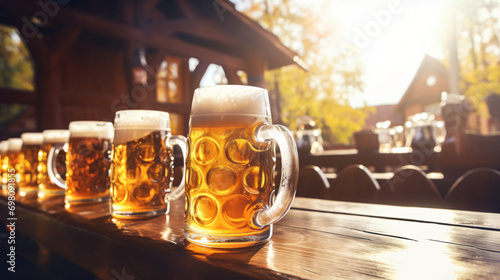 Pitchers of cold beer on a wooden table 