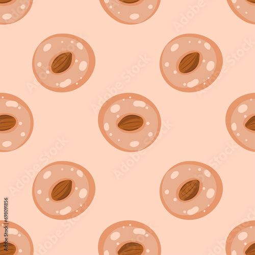 Abstract pattern with shortbread cookies with almonds on a beige background. A cozy hugo-style pattern
