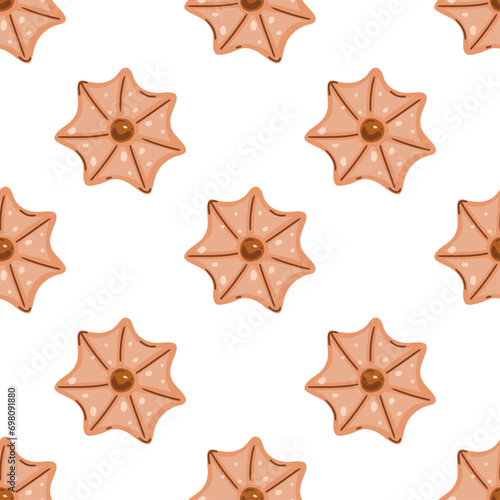 Abstract pattern with shortbread cookies in the shape of a star on a beige background. A cozy hugo-style pattern