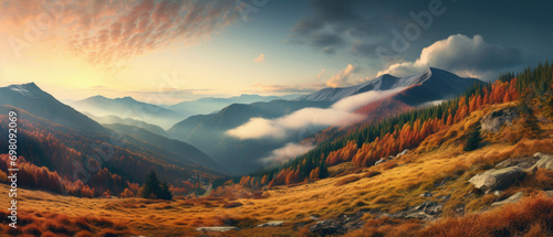 Panoramic view of autumn mountain landscape with colorful forest at sunset