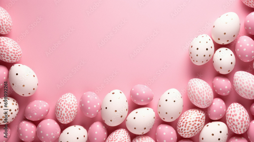 Easter eggs on pink background with copy space for your text .
