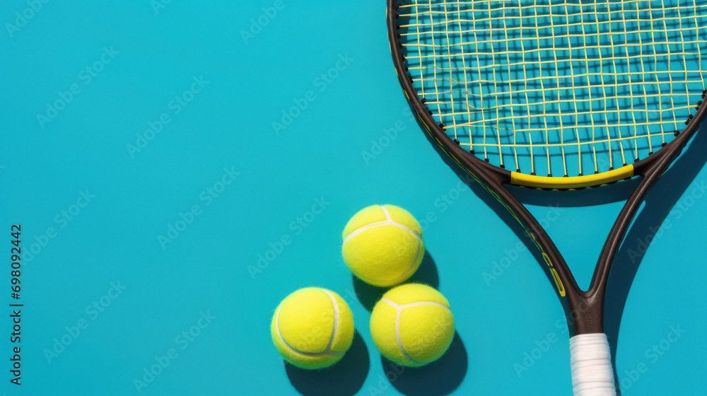 Tennis racket and balls on blue background. Top view, copy space