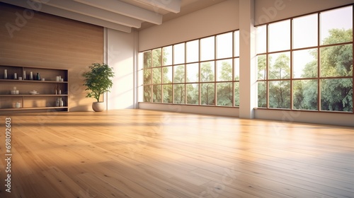 Modern loft room with wooden floor and large windows