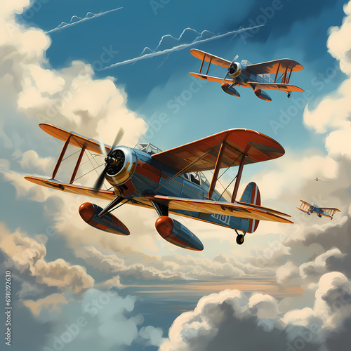 Vintage biplanes performing acrobatic maneuvers against a backdrop of azure sky.