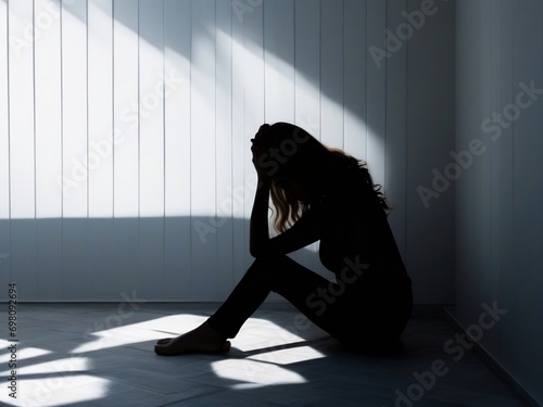  An evocative image portraying the silhouette of a woman overshadowed by the symbolic darkness of depression, highlighting the emotional struggles and the journey toward recovery and empowerment