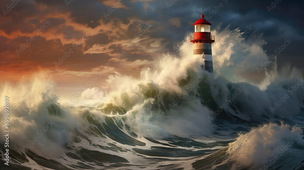 Strong waves of the atlantic ocean crash on the rocky coast against the backdrop of the lighthouse.