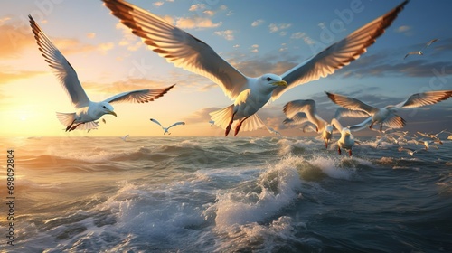Seagulls soaring over the sea, waves crashing on the shore.