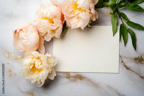 Horizontal wedding stationery mock up scene. White blank paper for invitations and greeting card with pastel peach peonies flowers composition.