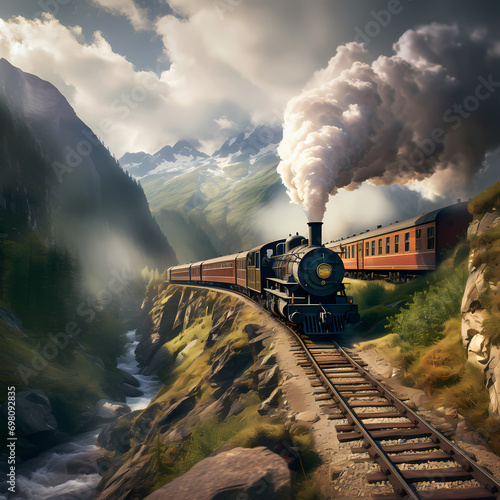 Vintage steam train chugging through a picturesque mountain pass.