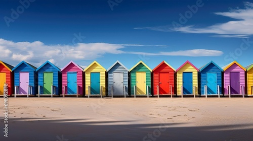 Iconic wooden beach huts on Brighton beach, summer beautiful day with blue sky.