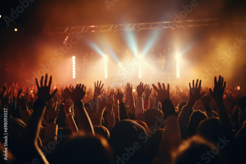Crowd at a concert with hands raised at a music festival . photo