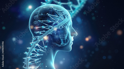 Human head with DNA strand as biochemistry science concept