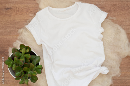 White cotton T-shirt mockup. Woman shirt mock ups. Blank clothes template mock up. Flat lay styled stock photo.