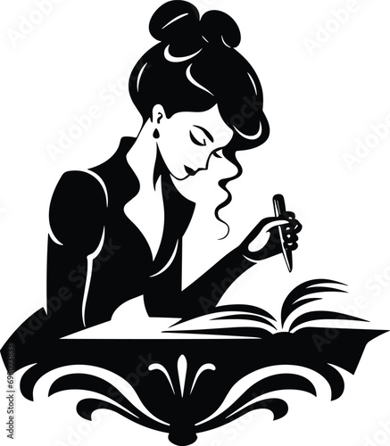 Elegant Lady Writing Letter Vector - Vintage Author Illustration