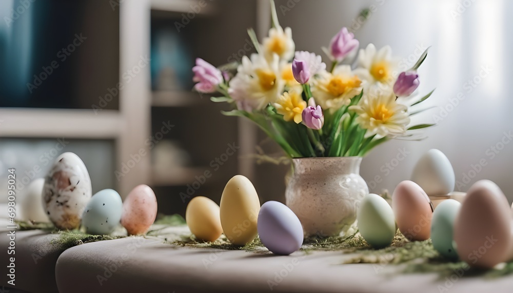 easter holiday decorated living room, decorated table, cozy blankets and pillows easter holiday decorated living room, decorated table, cozy blankets and pillows