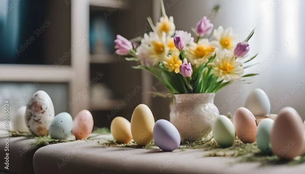 easter holiday decorated living room, decorated table, cozy blankets and pillows