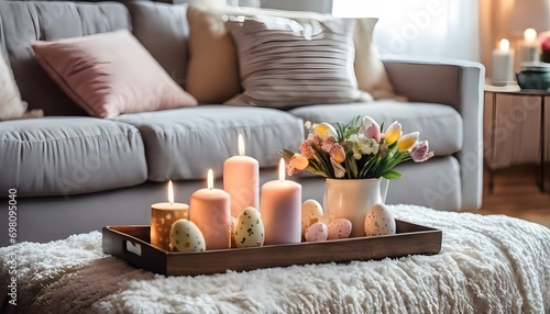 easter holiday decorated living room, decorated table, cozy blankets and pillows © holdstillandclick