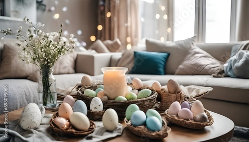 easter holiday decorated living room, decorated table, cozy blankets and pillows