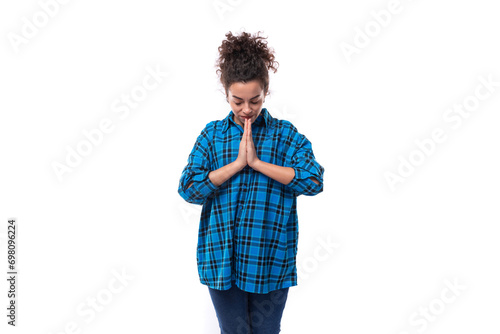 young leader woman dressed in a blue shirt clasped her hands together. people lifestyle concept