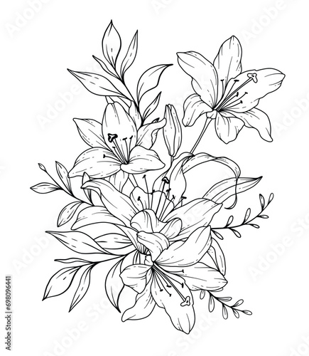 Lily Line Drawing. Black and white Floral Bouquets. Flower Coloring Page. Floral Line Art. Fine Line Lilies illustration. Hand Drawn flowers. Botanical Coloring. Wedding invitation flowers