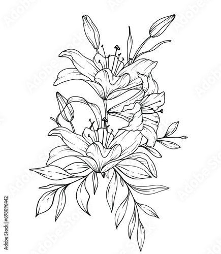 Lily Line Drawing. Black and white Floral Bouquets. Flower Coloring Page. Floral Line Art. Fine Line Lilies illustration. Hand Drawn flowers. Botanical Coloring. Wedding invitation flowers