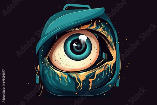 Bag, zipper and eye concept abstract representation. Everything has eyes. Because someone is always watching. AI generated illustration. Generative AI photo