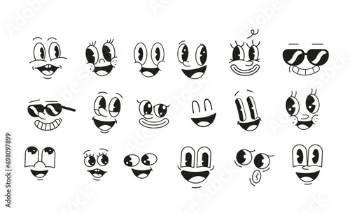 Smiling retro cartoon character faces thin line vector icons set on white background. Happy facial expression graphic constructor elements