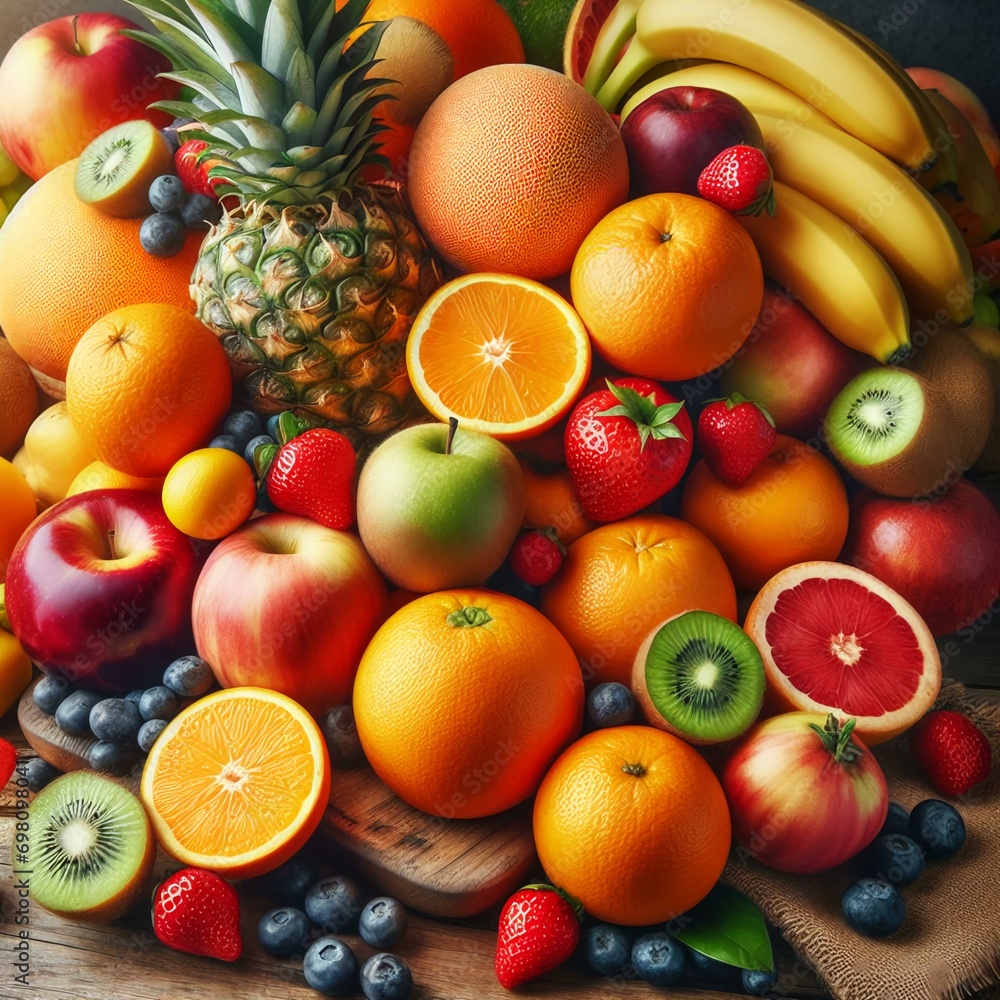 A pile of fruit sitting on top of a wooden cutting board