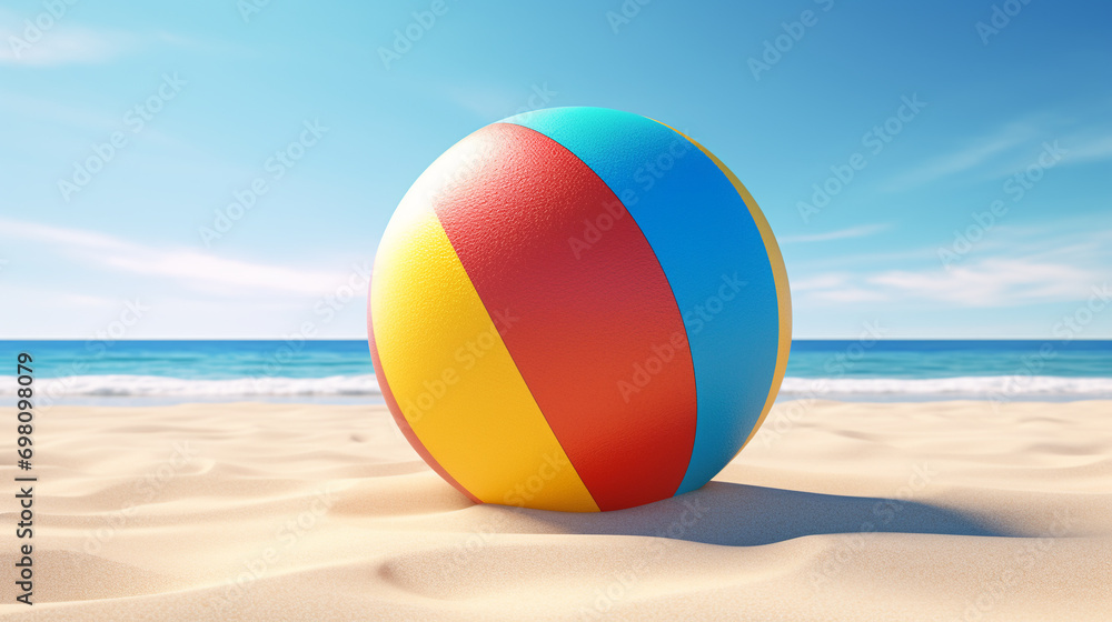 a multi-colored beach ball lying on clean beach sand on the seashore where there is no one around