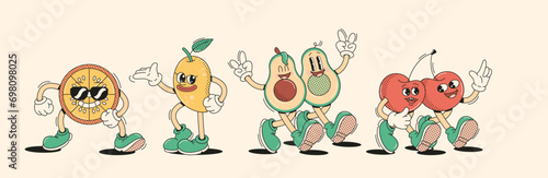 Walking exotic fruits and cherries characters in retro cartoon style vector illustration set. Healthy nutrition vintage animation design