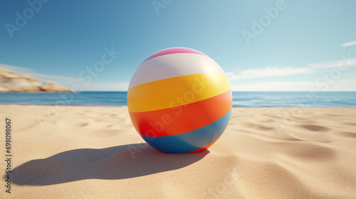 colorful beautiful beach ball close up lying on the clean beach sand on the sea shore where there is no one